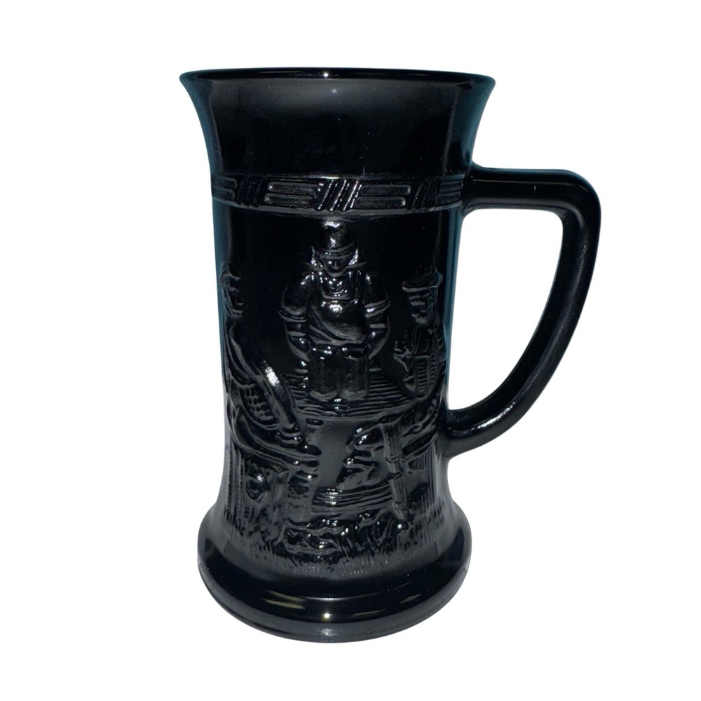 Indiana Black Glass Tiara Tavern‎ German 6" Beer Stein Mug Embossed Tavern Scene